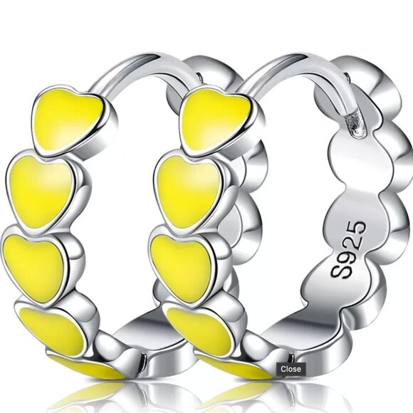 Sterling Silver 925 Hoop Earrings with Yellow Enamel Hearts – Colorful Jewelry - Picture 2 of 9